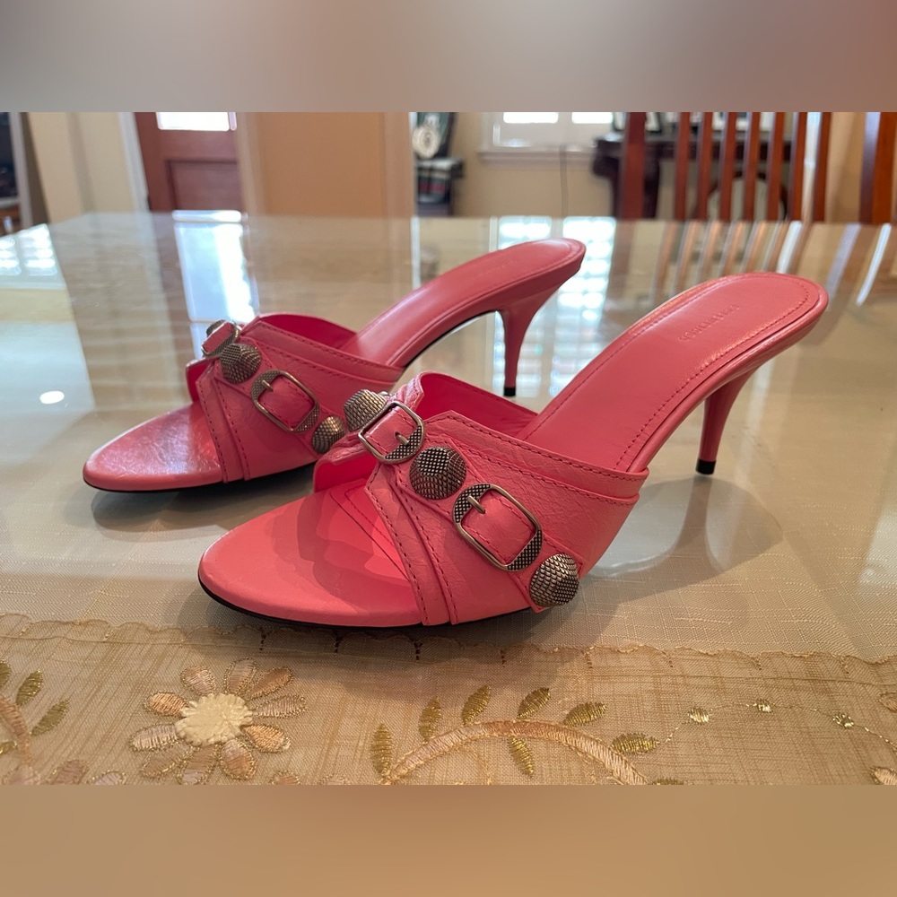 Balenciaga pink heels with dark grey metal details